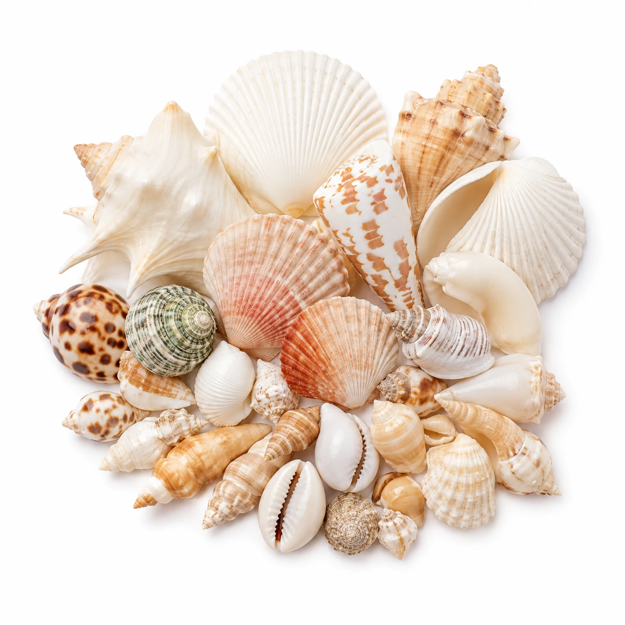 An elegant cluster of assorted real seashells including scallops, murex, and cowries on a clean white background
